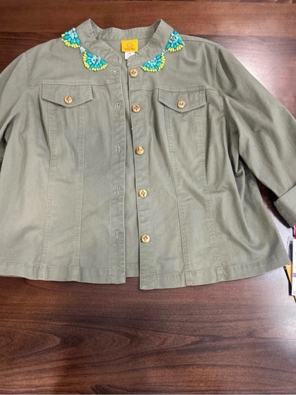Ruby Rd. Olive Green Jean Jacket with Teal & Yellow Beaded Collar